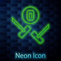 Poster - Glowing neon line Curling sport game icon isolated on brick wall background. Sport equipment. Vector