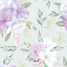 Elegant Seamless Pattern With Beautiful White And Purple Flowers And Leaves