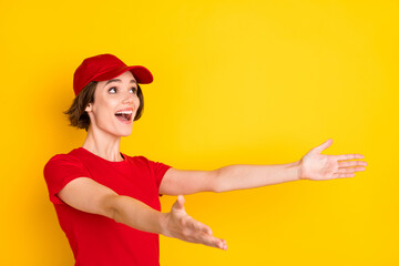 Wall Mural - Profile photo of nice impressed brown hair lady look empty space wear t-shirt isolated on yellow color background