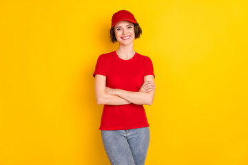 Sticker - Photo of nice optimistic brown hair lady crossed arms wear t-shirt cap isolated on yellow background