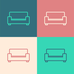 Sticker - Pop art line Sofa icon isolated on color background. Vector