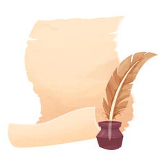 Wall Mural - Old scroll of parchment, papyrus and feather pen in cartoon style isolated on white background. Empty frame, decoration, antique manuscript. 