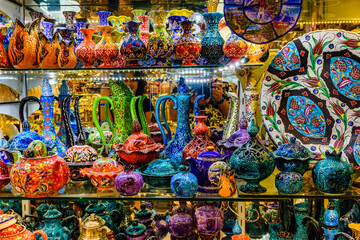 Many colorful souvenirs for sale at the bazaar in Turkey