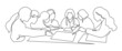 Women work together for business lunch vector art. Business team meeting continuous line drawing. Friends in cafe contour vector illustration. Girls talk