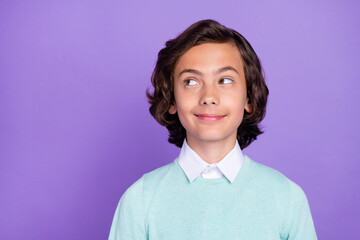 Sticker - Photo of confident dreamy school boy wear turquoise sweater smiling looking empty space isolated violet color background