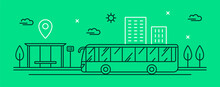 Vector Illustration Of Public Transport. City Bus Near The Bus Stop. Linear Vehicle Icon. Stylish Web Banner. Concept For The Transport Business.
