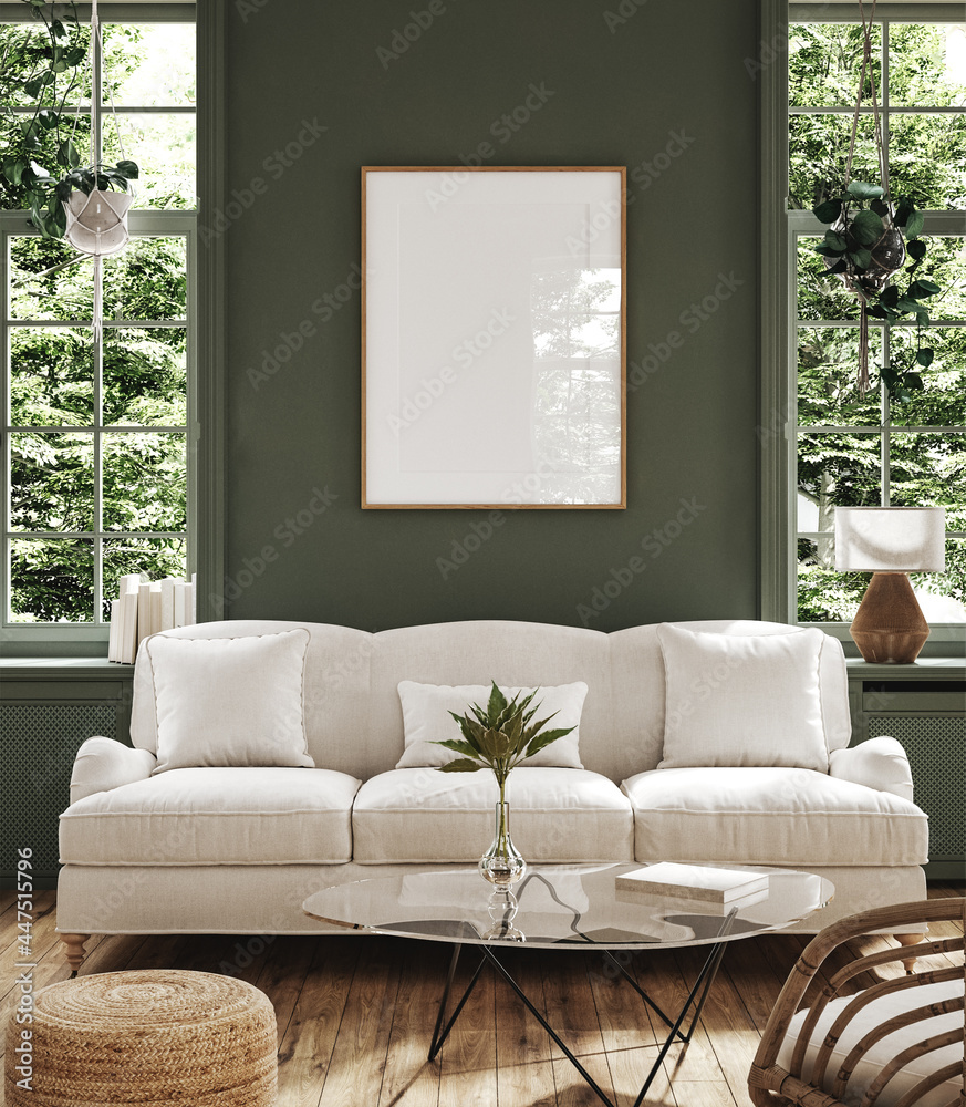 Poster frame mock-up in home interior background with sofa, table and decor in living room, 3d render - obrazy, fototapety, plakaty 