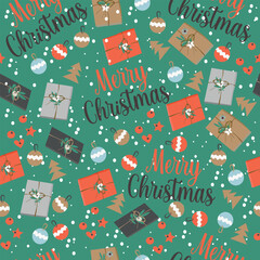 Christmas lettering seamless pattern with merry christmas and xmas gifts and decorations. Vector illustration	