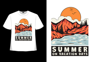 Wall Mural - T-shirt summer vacation days mountain lake hand drawn retro vintage style