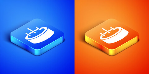 Sticker - Isometric Swimming pool with ladder icon isolated on blue and orange background. Square button. Vector