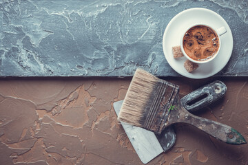 Wall Mural - Cup of coffee and sugar at colorful abstract background texture. Coffee break time