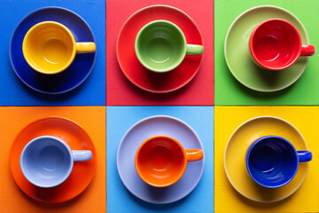 Poster - Empty cup of coffee or tea at colorful abstract background texture. Coffee break time