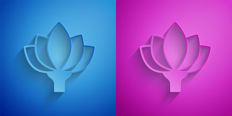 Poster - Paper cut Lotus flower icon isolated on blue and purple background. Paper art style. Vector