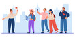 © PCH.Vector - Group of tourists travelling with guide holding flag. Flat vector illustration. Happy men and women characters sightseeing, visiting museums. Tourism, excursion, adventure, city trip concept