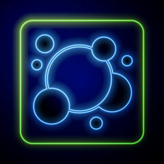 Sticker - Glowing neon Soap water bubbles icon isolated on blue background. Vector