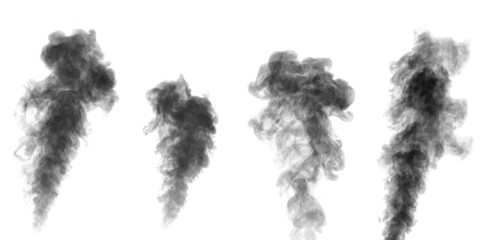 Wall Mural - A perfect set of four different mystical curly black steam or smoke on a white background, negative.