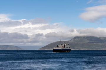 Sticker - ferry leaving the Bogenes ferry landing for the Lofoten Islands in northern Norway