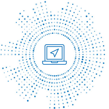 Blue line Laptop with location marker icon isolated on white background. Abstract circle random dots. Vector