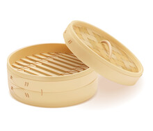 Realistic Detailed 3d Bamboo Steamer With Lid. Vector