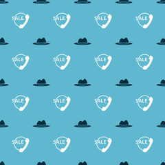 Sticker - Set Man hat with ribbon and Telephone 24 hours support on seamless pattern. Vector