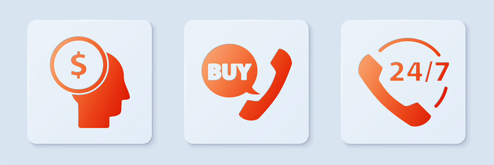 Poster - Set Phone and speech bubble with Buy, Business man planning mind and Telephone 24 hours support. White square button. Vector