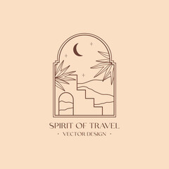 Wall Mural - Vector linear boho emblem with abstract mountain landscape.Travel logo with mountains or desert dunes;moroccan stairs,palm tree,moon,stars.Modern bohemian icon or symbol in oriental style.