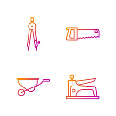 Poster - Set line Construction stapler, Wheelbarrow, Drawing compass and Hand saw. Gradient color icons. Vector