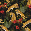 Exotic tropical animal wild tiger seamless pattern with hibiscus rose flower. Wildlife nature jungle art on a black background. New year, Christmas 2022.