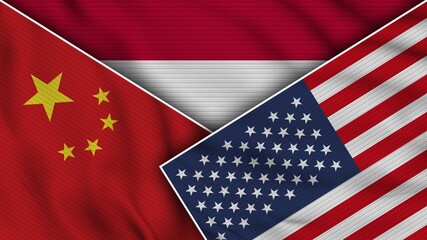 Indonesia United States of America China Flags Together Fabric Texture Effect Illustration