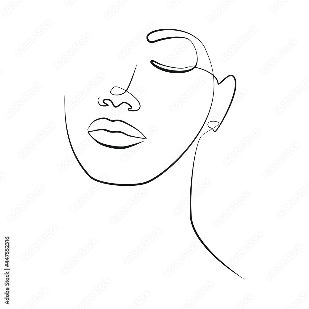 Face of young african american woman with closed eyes, one line drawing on  white isolated background Stock Vector | Adobe Stock, image size:1000x1000