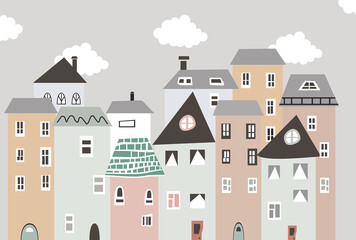 Kids' wallpaper. A small painted city. Colorful houses. A fabulous city. Wallpaper for the children's room. Graphic drawing of the city.