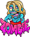 Fototapeta Dinusie - Female blond cartoon zombie with red dress and zombie text. Vector clip art illustration with simple gradients. All on a single layer. 
