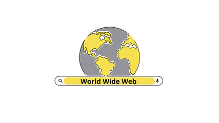 World Wide Web Day August 1.Simple planet and search. Minimalist web banner, poster, card, line art background. Single line art. World Wide Web day vector illustration. One continuous line drawing.