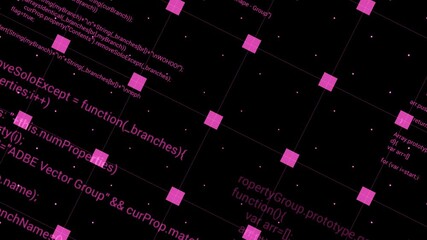 Poster - Rotating background with grid and program code. Motion. Grid with squares and written program code rotates on black background. Program codes in grid. Beautiful hacker background