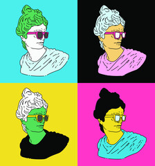 Poster - Pop art collage of Apollo Belvedere bust with sunglasses. Bright poster or cover design.