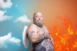 Fat amazed man with beard ,tattoos and wings acts like an angel