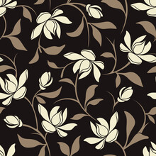 Vector Seamless Brown Floral Pattern With Magnolia Flowers.