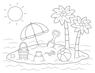 fun design with summer beach items like palm trees, a ball, an umbrella and more, coloring page. you can print it on standard 8.5x11 inch paper