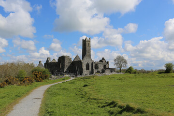 Poster - Shot of the Quin Abbey in Quin, Ireland, surrounded by grass and a cloudy sky