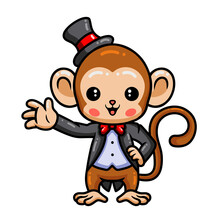 Cute Baby Monkey Magician Cartoon Waving Hand