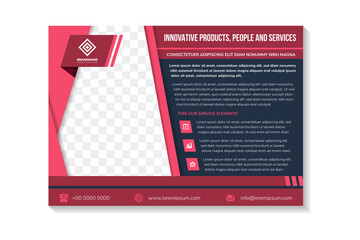 Poster - red flyer template design with example headline is innovative products, people and services. space o