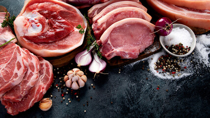 Wall Mural - Different types of raw meat on black background