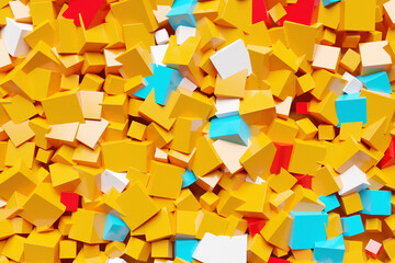 Poster - 3d illustration of rows of  orange, blue and red  squares .Set of cubes on monocrome background, pattern. Geometry  background