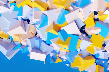 Poster - 3d illustration of rows of  yellow, blue and white  squares .Set of cubes on monocrome background, pattern. Geometry  background