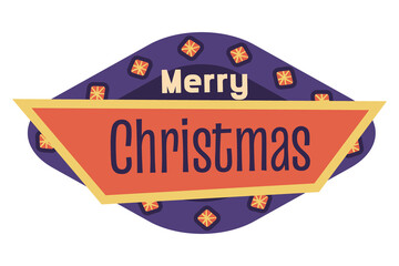Wall Mural - Christmas sign banner in vintage retro style. Merry Christmas inscription with decorations. Vector illustration in flat Mid-Century Modern style design.