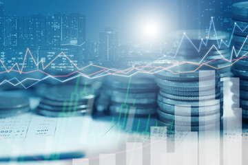 Wall Mural - Financial investment - Double exposure of graph and rows of coins for finance and business concept, Forex trading market candlestick chart, Cryptocurrency Digital economy. investing growing, economy.