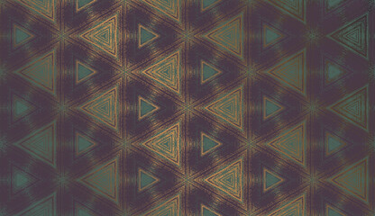 Wall Mural - Geometric abstract textured kaleidoscope triangle pattern in gloomy mood, suitable for Halloween. Ornament in dark purple, teal and gold for wrapping paper, wallpaper background, package design.