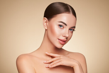 Wall Mural - portrait beautiful young woman with clean fresh skin. model with healthy skin, close up portrait. co
