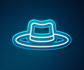 Glowing neon line Gardener, farmer or agricultural worker hat icon isolated on blue background. Vector