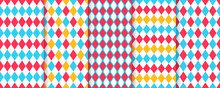 Circus Seamless Pattern. Harlequin Lozenge Backgrounds. Vector Illustration. Checkered Diamond Textures. Set Blue Red Yellow Rhombus Plaid Prints. Modern Argyle Geometric Backdrops.